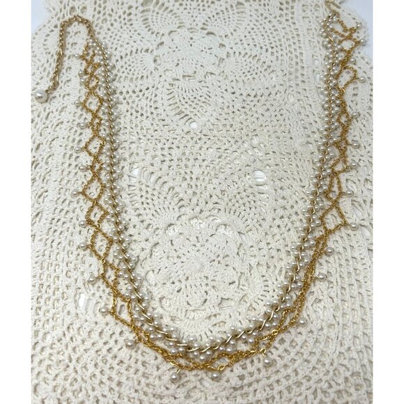 Vintage-Inspired Multi-Strand Gold & Pearl Necklace 38" Total Length - Picture 3 of 12